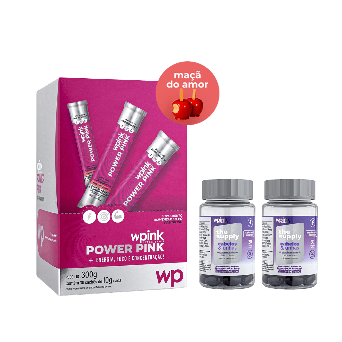 Power pink de maçã do amor - pré-treino - 300g + 2 cabelos e unhas