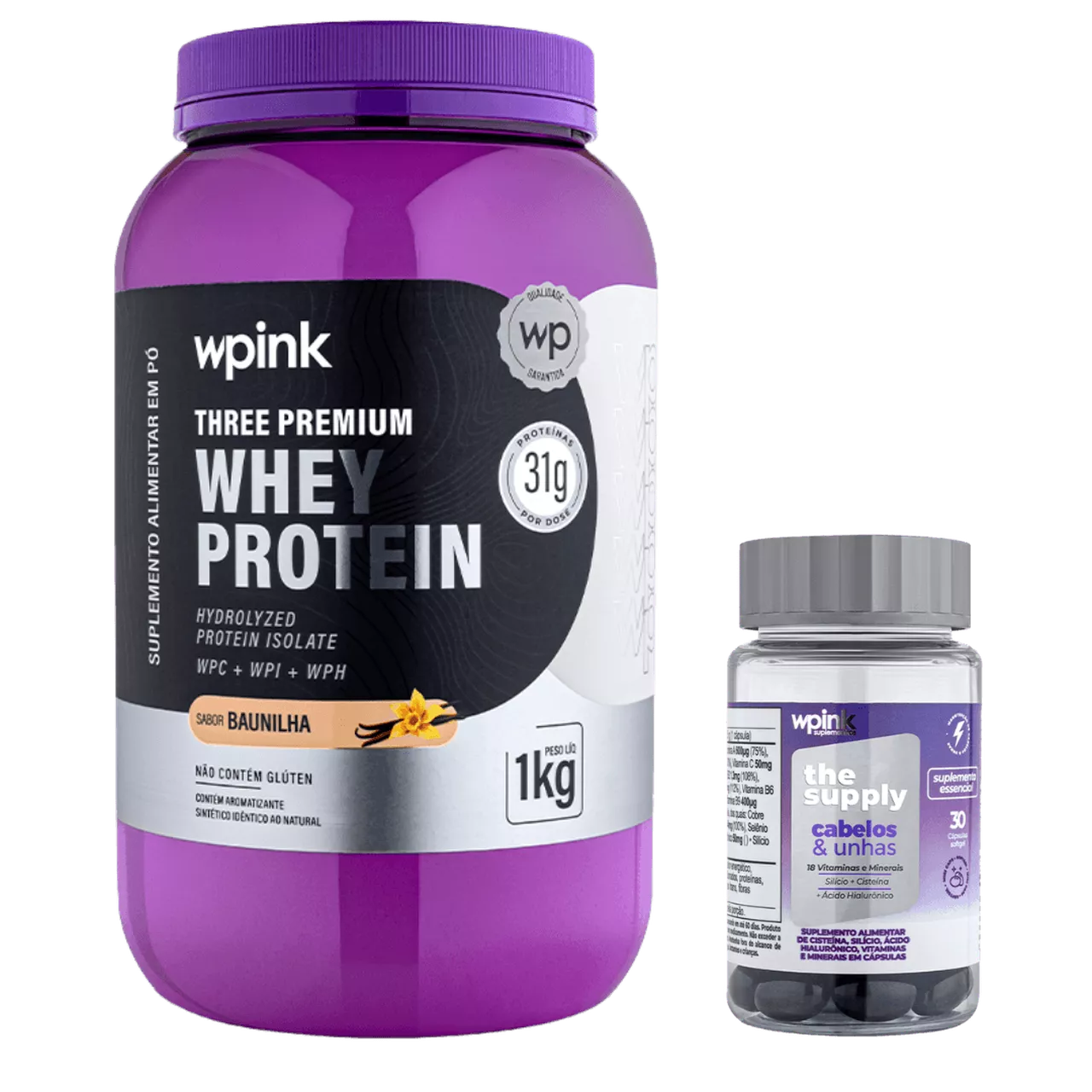three premium whey protein baunilha 3W 1kg + cabelos e unhas - wp